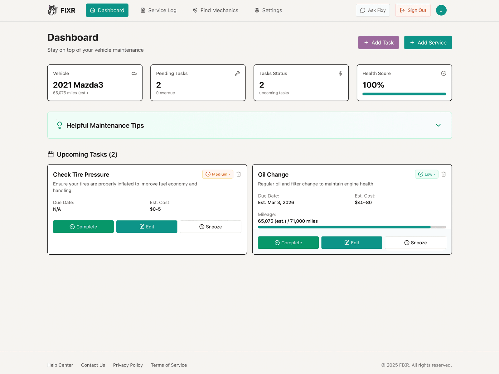 Dashboard showing upcoming tasks