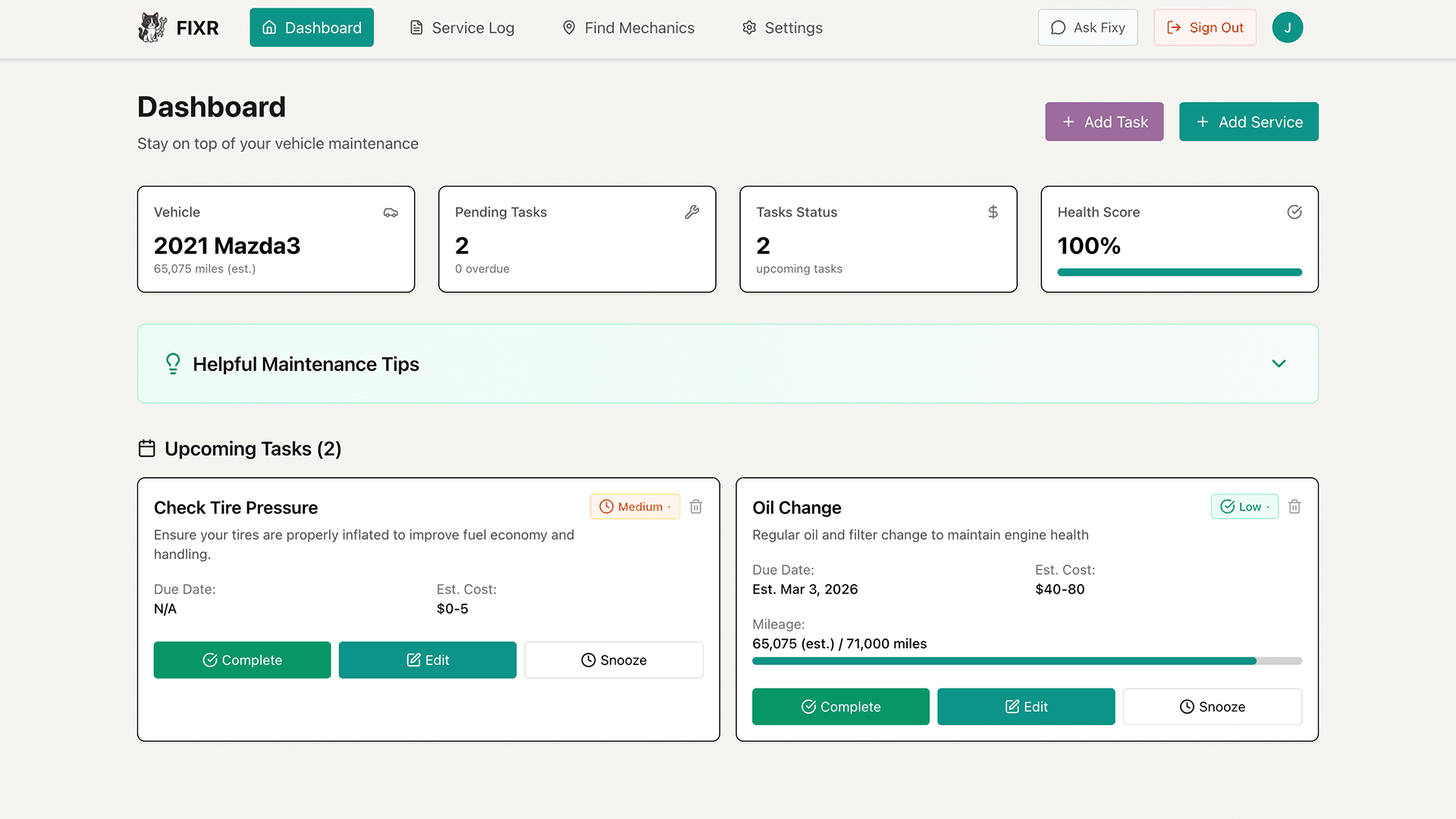 Dashboard showing upcoming tasks